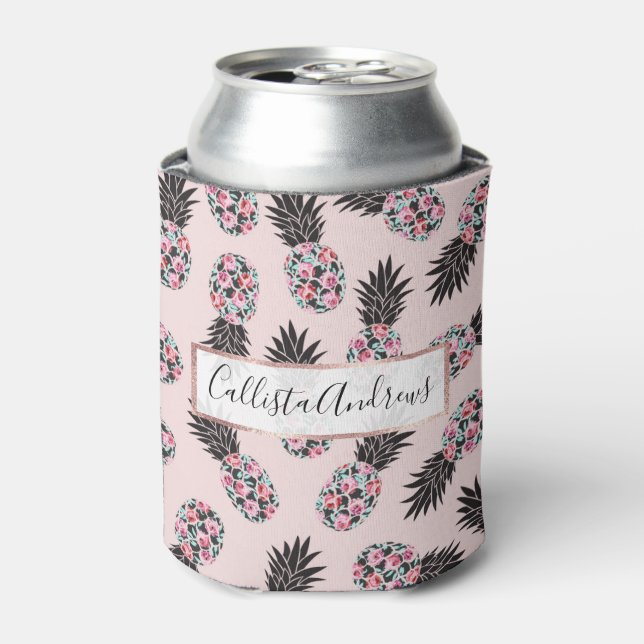 Girly Niedlich Floral Pink Schwarzer Ananas Muster Dosenkühler (Kanne Vorderseite)