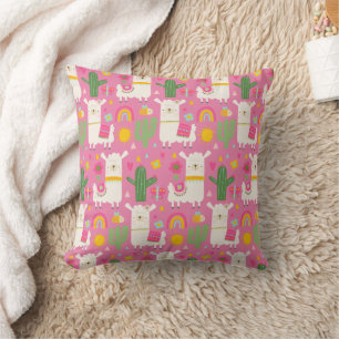 Girly Niedlich Llamas Green Cactus Rainbows Pink Kissen
