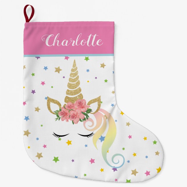 Girly Niedlich Magical Unicorn Personalisiert Großer Weihnachtsstrumpf (Vorderseite)