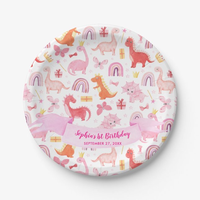 Girly Niedlich Pink Baby Dinosaur Kindergeburtstag Pappteller (Vorderseite)