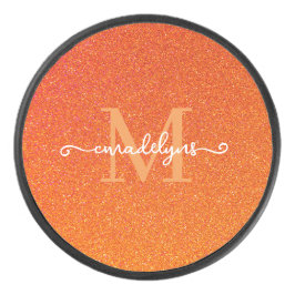 Girly Orange Glitter Sparkles Monogram Script Name Eishockey Puck