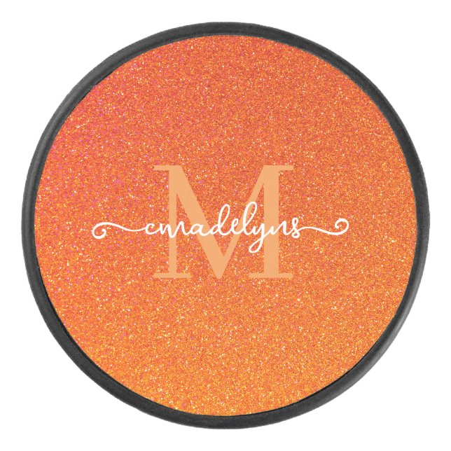 Girly Orange Glitter Sparkles Monogram Script Name Eishockey Puck (Vorderseite)