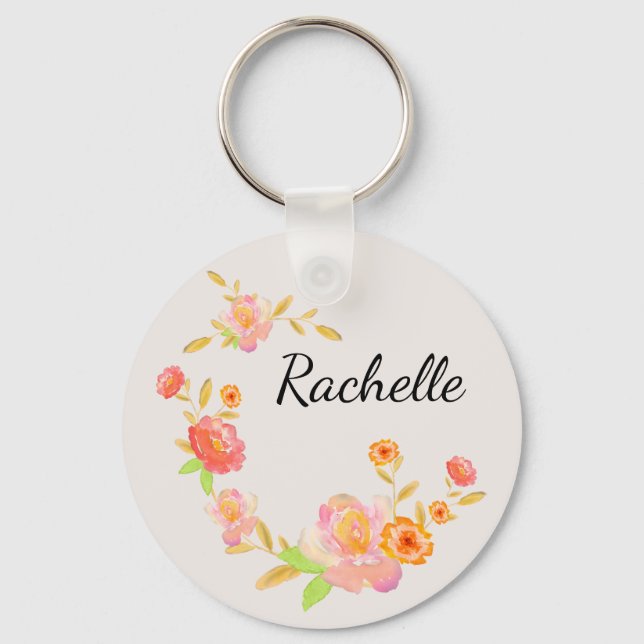 Girly Orange & Pink Floral Monogrammed Schlüsselanhänger (Vorderseite)