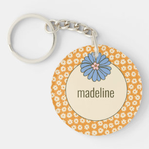 Girly Orange Retro Blume Muster Schlüsselanhänger