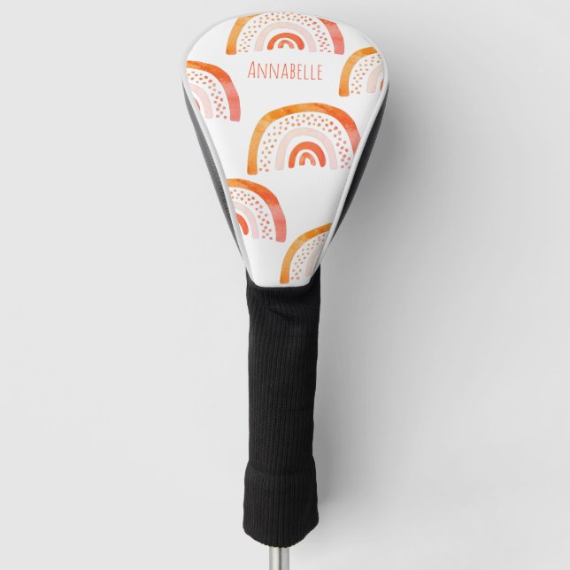 Girly Orange Watercolor Rainbow Personalisiert Golf Headcover (Vorderseite)