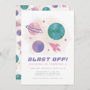 Girly Outer Space Galaxy Planet 4. Geburtstag Einladung