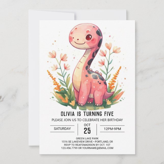Girly Pastel Digital Dinosaur Girl Geburtstag Einladung (Vorderseite)