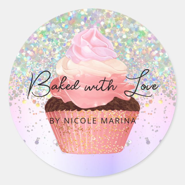 Girly Pastel Imitats Holographic Cupcake Bakery Runder Aufkleber (Vorderseite)