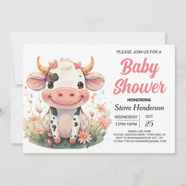 Girly Pastel Niedlich Cow Baby Dusche Einladung (Vorderseite)