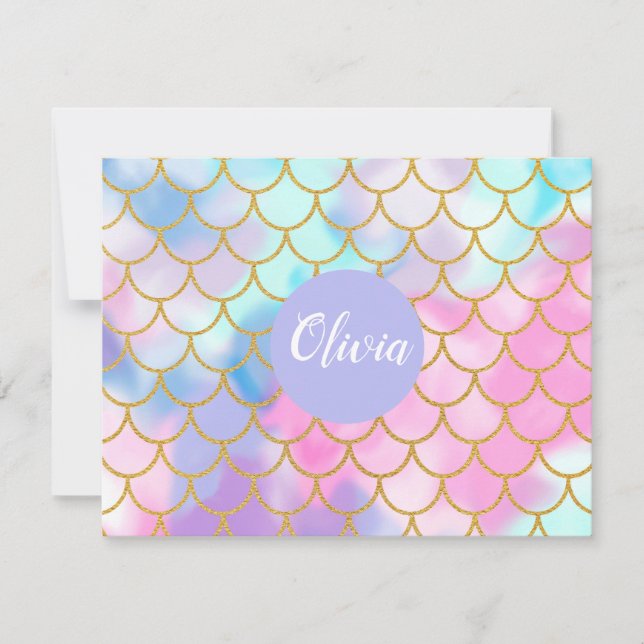 Girly Pastel Ombre Gold Glitzer Mermaid Monogram Mitteilungskarte (Vorderseite)