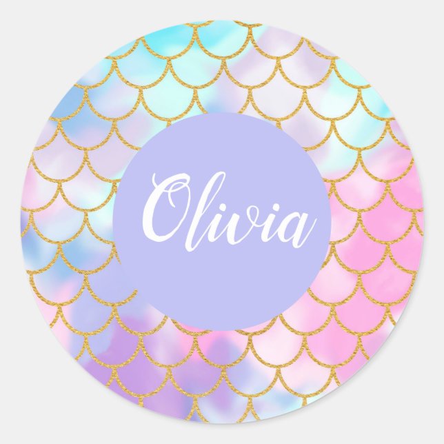 Girly Pastel Ombre Gold Glitzer Mermaid Monogram Runder Aufkleber (Vorderseite)