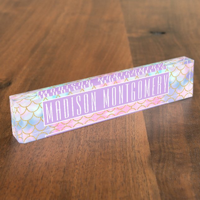 Girly Pastel Ombre Gold Glitzer Mermaid Name Namensplakette (Seite)