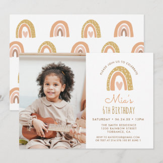 Girly Pastel Rainbow 6. Geburtstag Foto Einladung