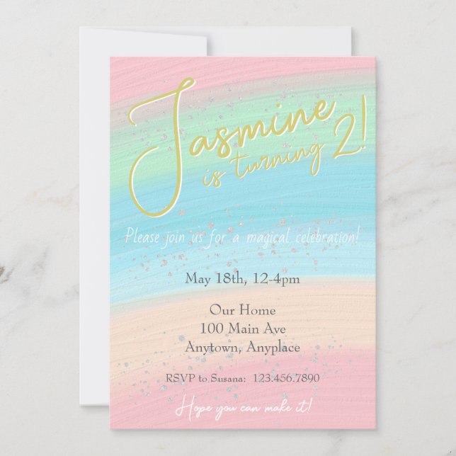 Girly Pastel Rainbow - Einladung zum Geburtstag (Vorderseite)