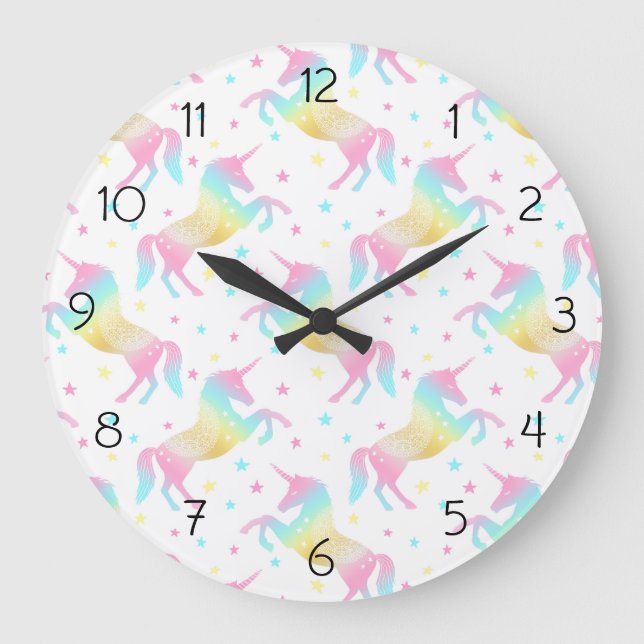 Girly Pastel Rainbow Unicorn Pattern Große Wanduhr (Vorderseite)