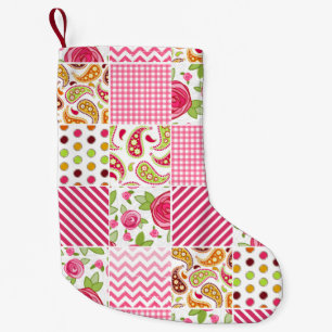 Girly Patchwork-inspirierter WeihnachtsStrumpf Kleiner Weihnachtsstrumpf