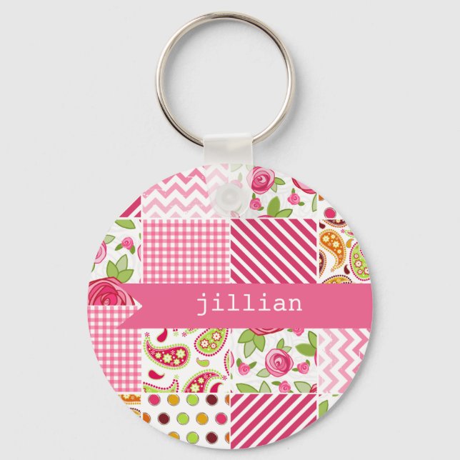 Girly Patchwork Personalisiert Schlüsselanhänger (Vorderseite)