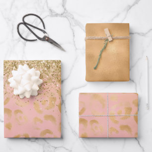 Girly Peach Gold Leopard Glitzer Geschenkpapier Set