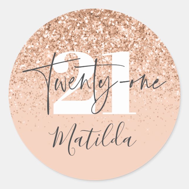 Girly peach gray Glitzer Moderne Typografie 21. Runder Aufkleber (Vorderseite)