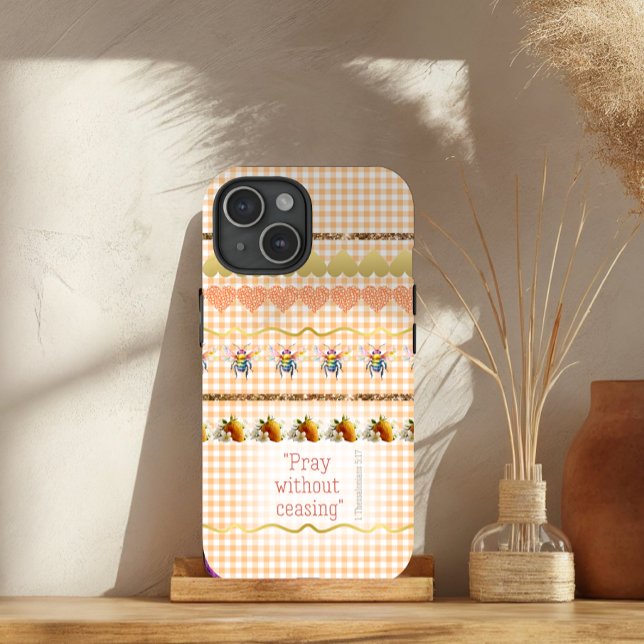 Girly Peach Karos Gold Akzente Herzbibelbibel Case-Mate iPhone Hülle (Von Creator hochgeladen)