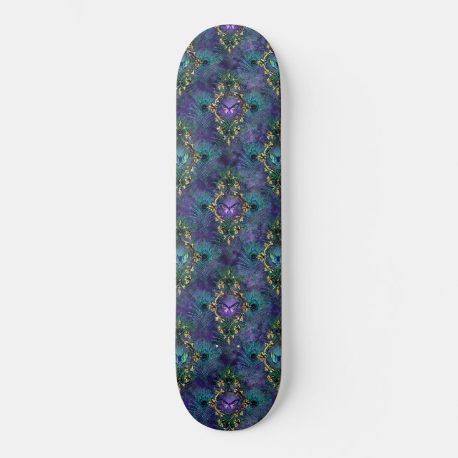 Girly Peacock Feathers Butterfly Fantasy Skateboard (Vorderseite)