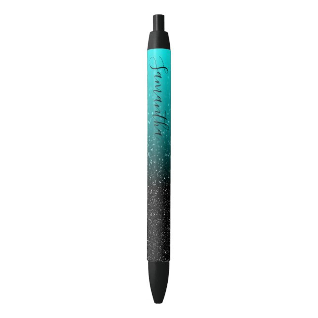 Girly Personalisiert Aqua Black Ombre Glitzer Kugelschreiber (Vorderseite Vertikal)