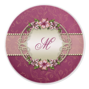 Girly Pflaume mit Blumen und Damast-Monogramm Keramikknauf