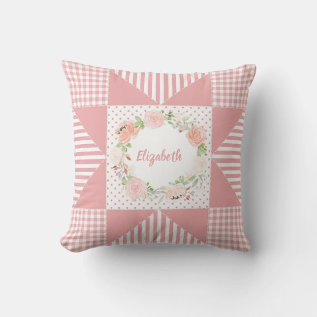 Girly Pink Abend Star Quilt Rose Wreath und Name Kissen (Vorderseite)