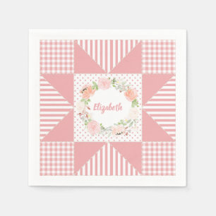 Girly Pink Abend Star Quilt Rose Wreath und Name Serviette