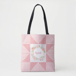 Girly Pink Abend Star Quilt Rose Wreath und Name Tasche