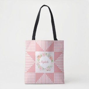 Girly Pink Abend Star Quilt Rose Wreath und Name Tasche