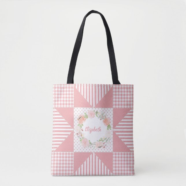 Girly Pink Abend Star Quilt Rose Wreath und Name Tasche (Vorderseite)