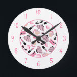 Girly Pink Accessories Clock Runde Wanduhr<br><div class="desc">A clock featuring illustrations of purses, perfume bottles, lipstick, rubies, and cat eye sunglasses and pink numbers.</div>