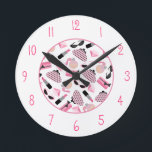 Girly Pink Accessories Clock Runde Wanduhr<br><div class="desc">A clock featuring illustrations of purses,  perfume bottles,  lipstick,  rubies,  and cat eye sunglasses and pink numbers.</div>
