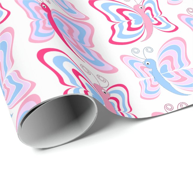 Girly Pink and Blue Butterfly Pattern Geschenkpapier (Rolleneckpunkt)