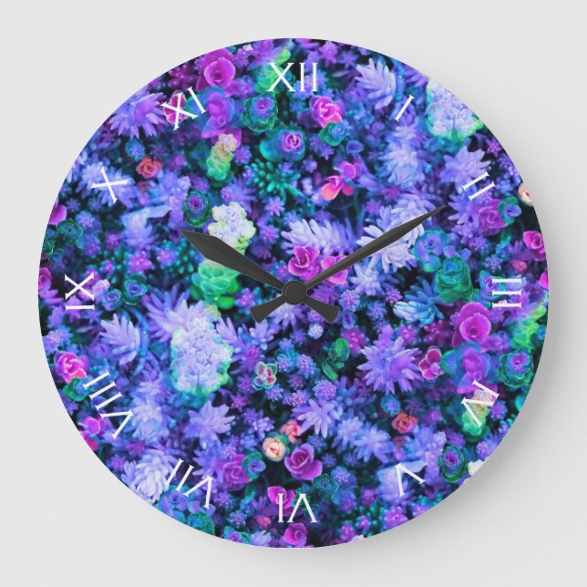 Girly Pink and Purple Floral Succulents Große Wanduhr (Vorderseite)