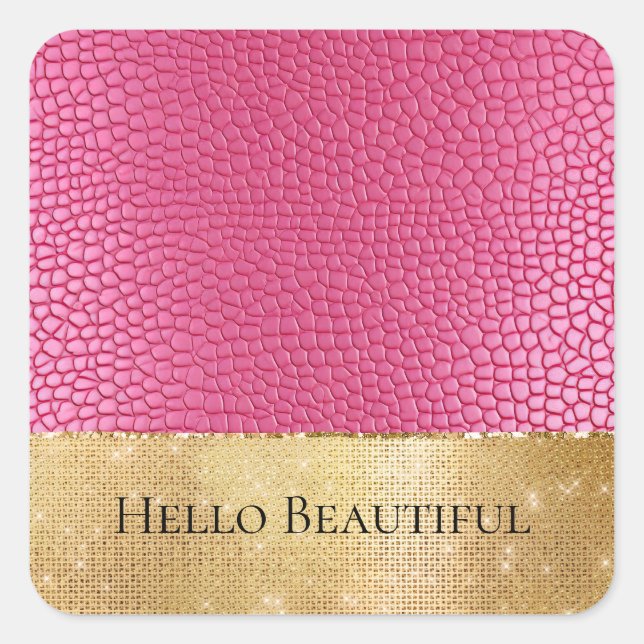 Girly Pink Animal Glam Gold Sparkle Quadratischer Aufkleber (Vorderseite)