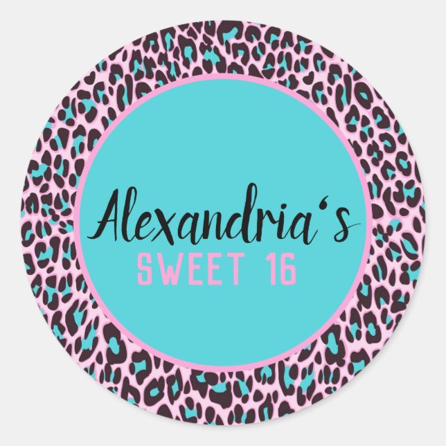 Girly Pink/Aquamarin Leopard Personalisiert Sweet  Runder Aufkleber (Vorderseite)