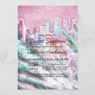 Girly Pink Aquamarin Pearl Opal Glitzer Tropfen Sw Einladung