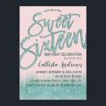 Girly Pink Aquamarine Glitzer Typografie Sweet 16 Einladung<br><div class="desc">Dieses moderne und mädchenhafte Sweet 16 lädt das elegante und trendige Geburtstagsmädchen zum Entspannen ein. Es zeichnet sich durch ein hübsches und glamouröses Imitat gedruckt Aqua aquamarin grün Funkeln Glitzer Sequin und schwarz ombre Farbverlauf. Es zeigt auch aquamarinen funkelnd Glitzer, "16 . Geburtstag" Pinseltypografie. Das elegante und stilvolle Design-Thema wird...</div>