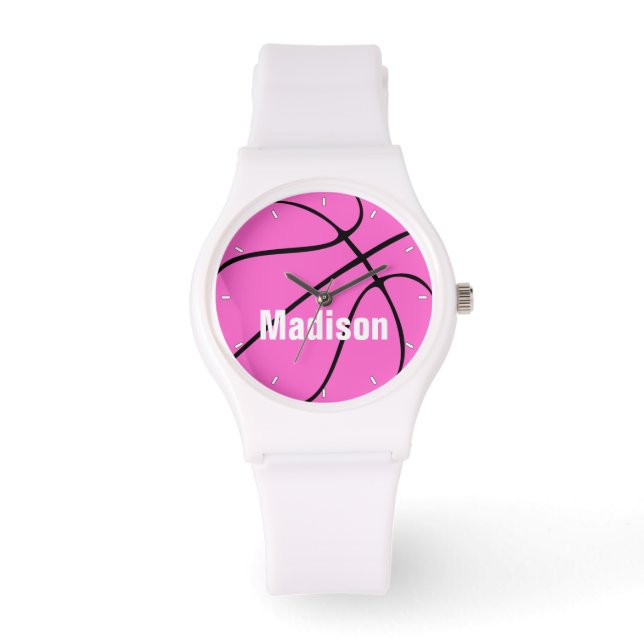 Girly Pink Basketball Individuelle Name/Text Girls Armbanduhr (Vorderseite)