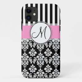Girly, Pink, Black Damask Ihr Monogramm title_seo2