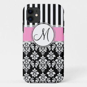 Girly, Pink, Black Damask Ihr Monogramm title_seo2