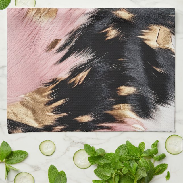 Girly Pink Black Gold Cowgirl Cowhide Geschirrtuch (Gefaltet)