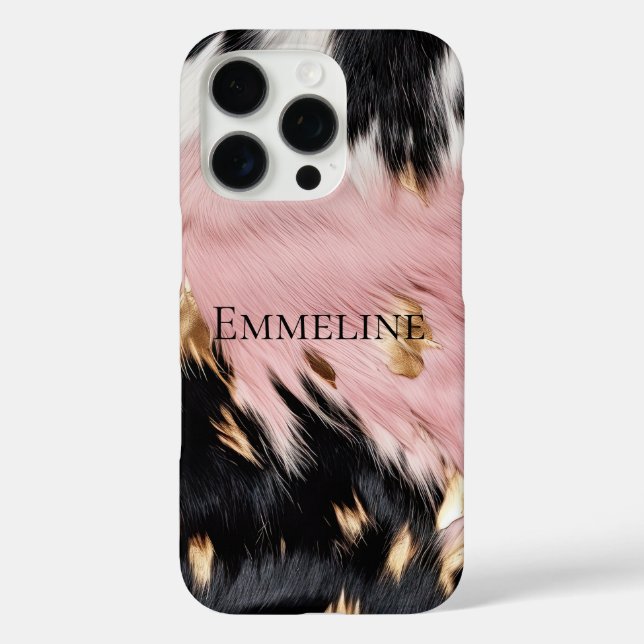 Girly Pink Black Gold Cowgirl Cowhide iPhone 16 Pro Hülle (Rückseite)