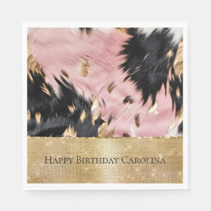 Girly Pink Black Gold Cowgirl Cowhide Serviette