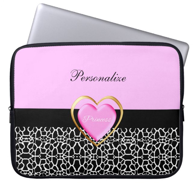 Girly Pink Black Princess Giraffe Print and Name Laptopschutzhülle (Vorderseite)