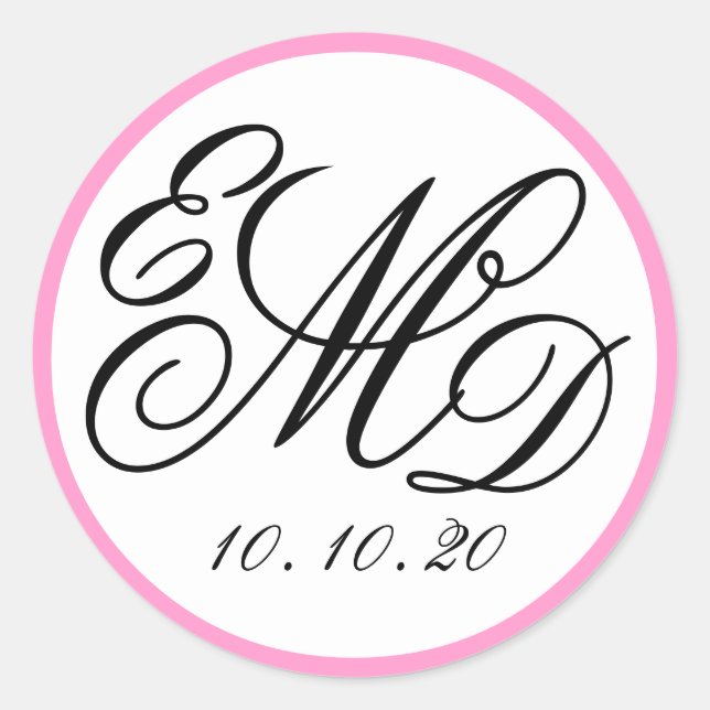 Girly Pink, Black Three Initials Monogram Wedding Runder Aufkleber (Vorderseite)