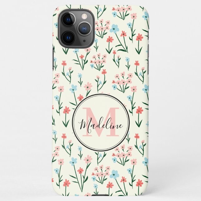 Girly Pink Blue Flowers Muster Elegantes Monogramm iPhone Hülle (Rückseite)