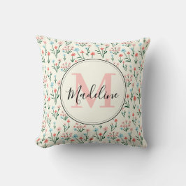 Girly Pink Blue Flowers Muster Elegantes Monogramm Kissen